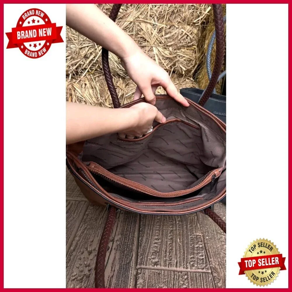 Woven Vegan Leather Tote Bag with Back Zipper Pocket, 8 Compartments